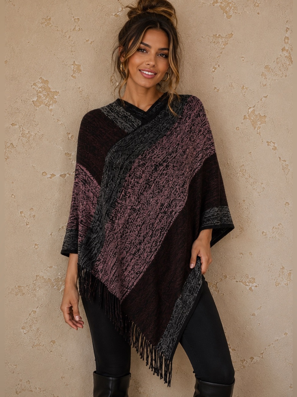 Faux Cashmere Color Block Fringe Poncho Wrap One Size Shawl